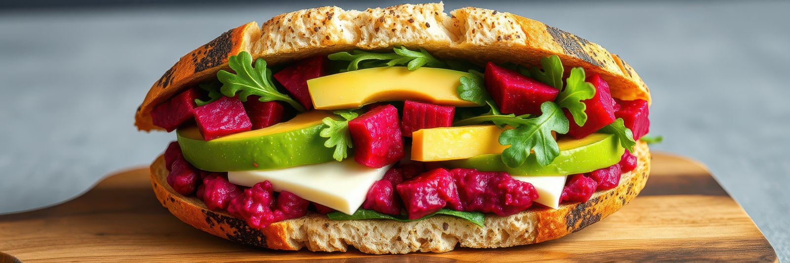 A fresh sandwich filled with avocado, beet, and cheese, resting on a wooden cutting board